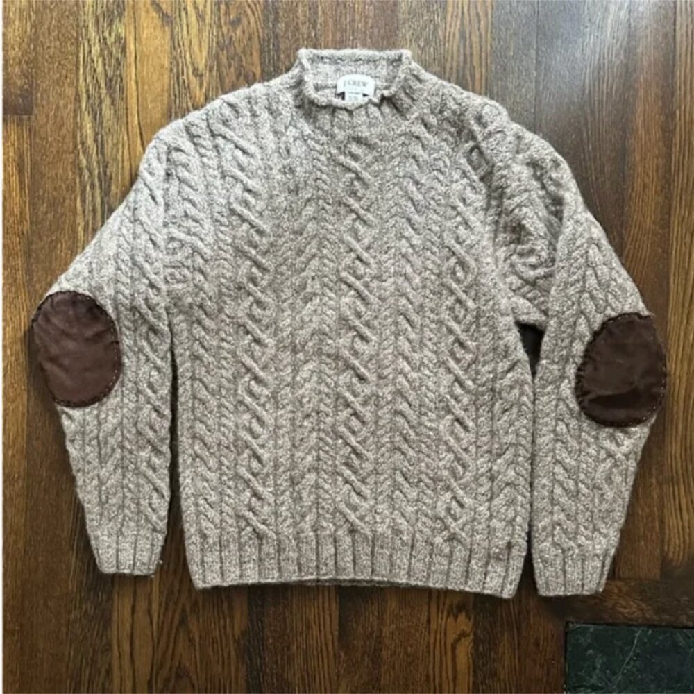 Y2K J.Crew men's Aran Cable Knit Sweater Wool Silk Elbow Patch S